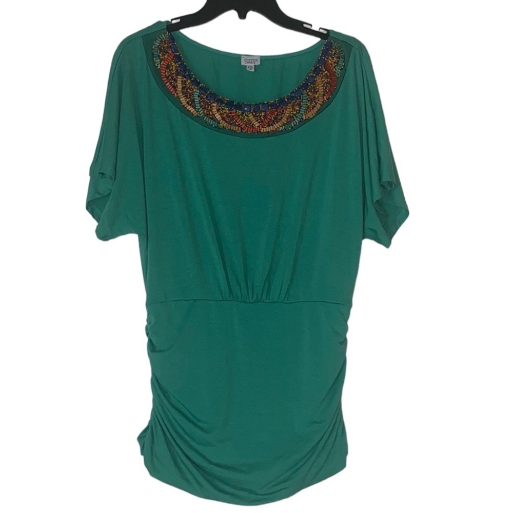 Charming Charlie Teal Green Knit Top Beaded Neckline Hip Rouching Size Medium